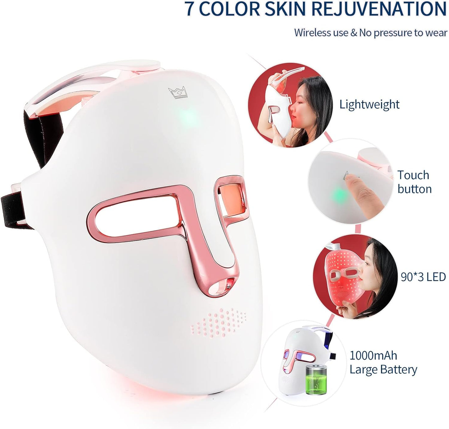 Máscara Facial LED De Terapia De Luz, Máscara De Luz De 7 Colores Con 270 Cuentas, Máscara LED Recargable Para La Belleza Facial, Antienvejecimiento, Rejuvenecimiento, Reafirmación, Máscara LED