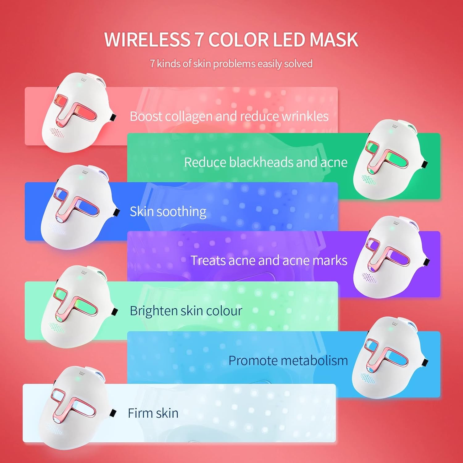 Máscara Facial LED De Terapia De Luz, Máscara De Luz De 7 Colores Con 270 Cuentas, Máscara LED Recargable Para La Belleza Facial, Antienvejecimiento, Rejuvenecimiento, Reafirmación, Máscara LED